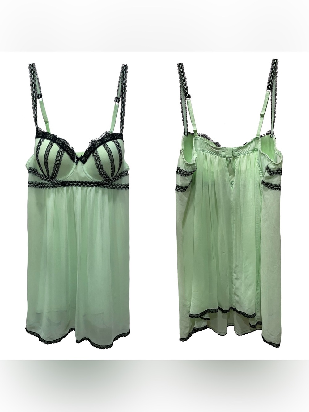 Ambrielle Mint & Black Lace Bra Cup Babydoll Lingerie Mesh Layer Nightie Sexy XL
